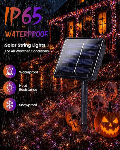 Solar Halloween String Lights Outdoor, 2 Pack 80 FT 200 LED Fairy Lights | Purple and Orange, 8 Modes, Auto On/Off, Waterproof Copper Wire Twinkle Lights for Garden Tree Patio Halloween Decorations