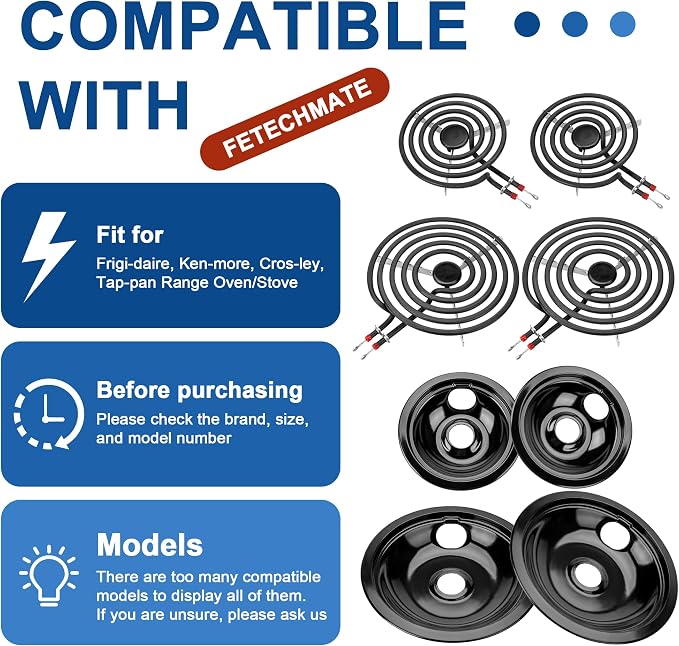5304430149 5304430150 Black Porcelain Drip Pan & MP22YA Electric Stove Burner Replacement for F-rigidaire/Ken-more/T-appan, 318067041 318067051 Stove Drip Pans & Stove Burner Replacement by Fetechmate