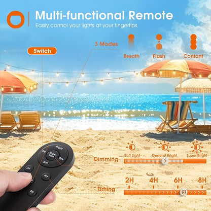 addlon 100FT(2FT) Solar String Lights Outdoor, with 50 Bulbs, Last 20+ Hrs | USB Charging, IP65 Waterproof. Dimmable Timer via Remote. Memory, 3 Modes, 2700K Warm White. Easy Install for Patio, Porch.
