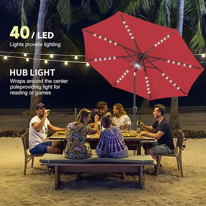 Solar Patio Umbrella with Centre Light, 9 ft Red | 40 LED Lights, UV Protection, Solar Outdoor Umbrella for Porch, Deck, Pool, Table, Garden, Provides Evening Lighting