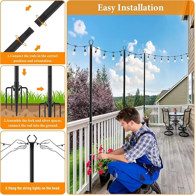 Mutovlin 6 Pack String Light Poles,10 Ft Light Poles for Outside String Lights,Outdoor Lights Pole with Fork,Metal Poles Stand for Patio Deck Backyard (10FT 6 Pack)