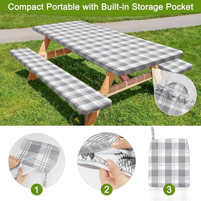 Picnic Table and Bench Cover Set, Waterproof Fitted Elastic Cloth | Portable Camping Essentials With Built-In Storage Pocket And Waterproof Fabric For Outdoor RV Or Picnic Table Use