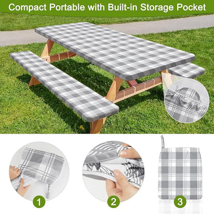 Picnic Table and Bench Cover Set, Waterproof Fitted Elastic Cloth | Portable Camping Essentials With Built-In Storage Pocket And Waterproof Fabric For Outdoor RV Or Picnic Table Use