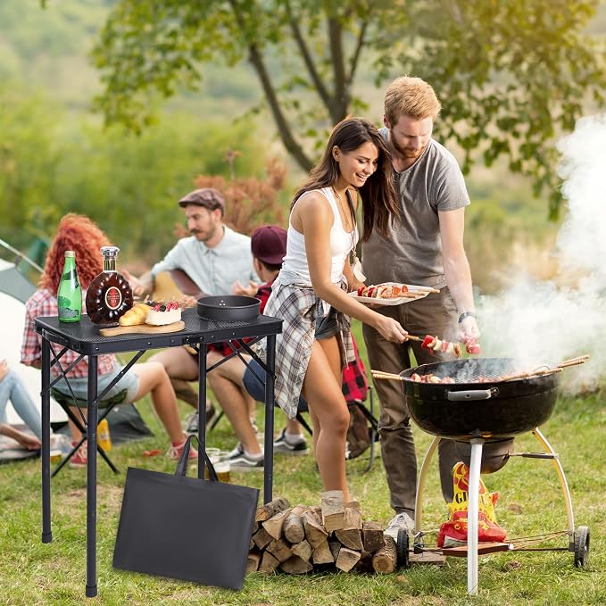 REDCAMP 2 Feet Small Folding Grill Table for Outside, 3 Heights Adjustable Portable Metal Outdoor Picnic Table for Camping Travel Cooking BBQ, Black, 24" Lx 16" Wx 27.5" H