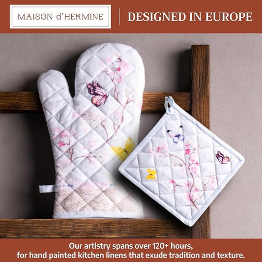Maison d' Hermine 100% Cotton Oven Mitt & Pot Holder Set (7.5"x13" & 8"x8") Heat Resistant BBQ Cooking Gloves with Loop Baking Grilling Kitchen Hotel Home Farmhouse Spring Summer (Blossoms in Spring)