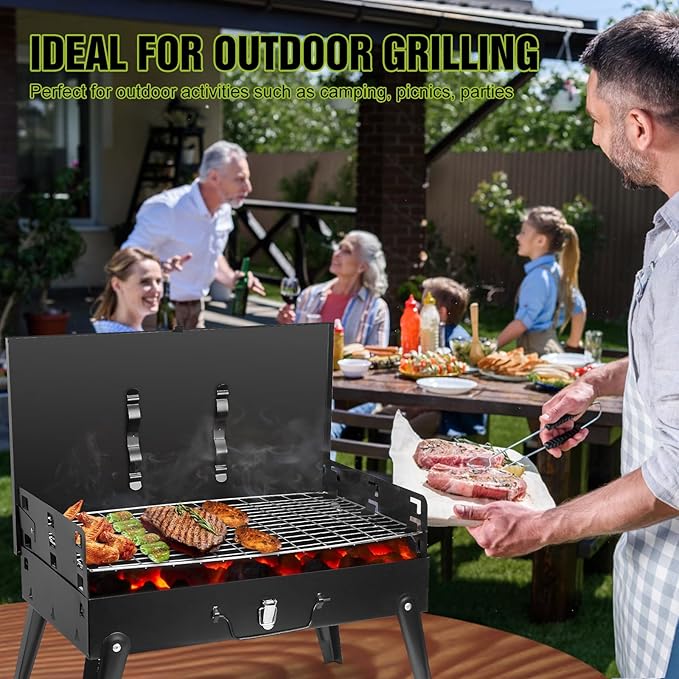 Portable Charcoal Grill, Foldable Mini Tabletop BBQ Grill with Lid, Charcoal Barbecue Grill for Outdoor Camping Cooking Picnic, 16.7 x 10 x17.7in