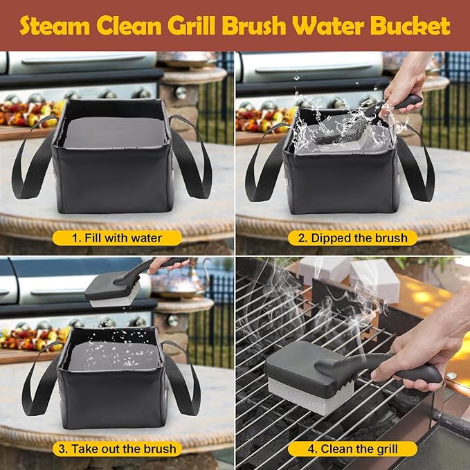 AHIER Collapsible Grill Brush Water Bucket & Dunk Tank for Stainless-Steel Grates, Steam Grill Brush