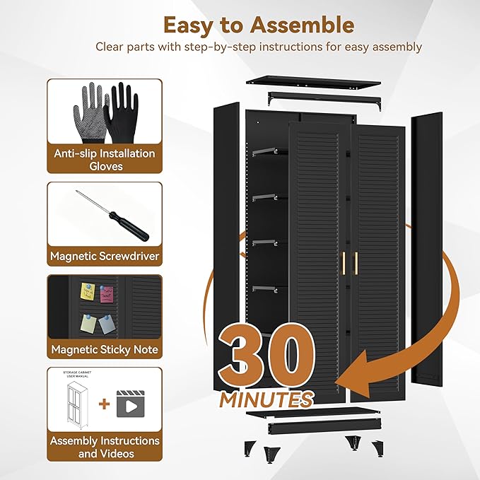 Polup 75" Metal Storage Cabinet with Doors and Shelves, Black Kitchen Pantry Cabinet, 6-Tier Freestanding Tall Storage Cabinet for Garage, Office, Bathroom, Laundry Room, Dining Room