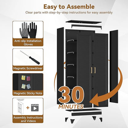 Polup 75" Metal Storage Cabinet with Doors and Shelves, Black Kitchen Pantry Cabinet, 6-Tier Freestanding Tall Storage Cabinet for Garage, Office, Bathroom, Laundry Room, Dining Room