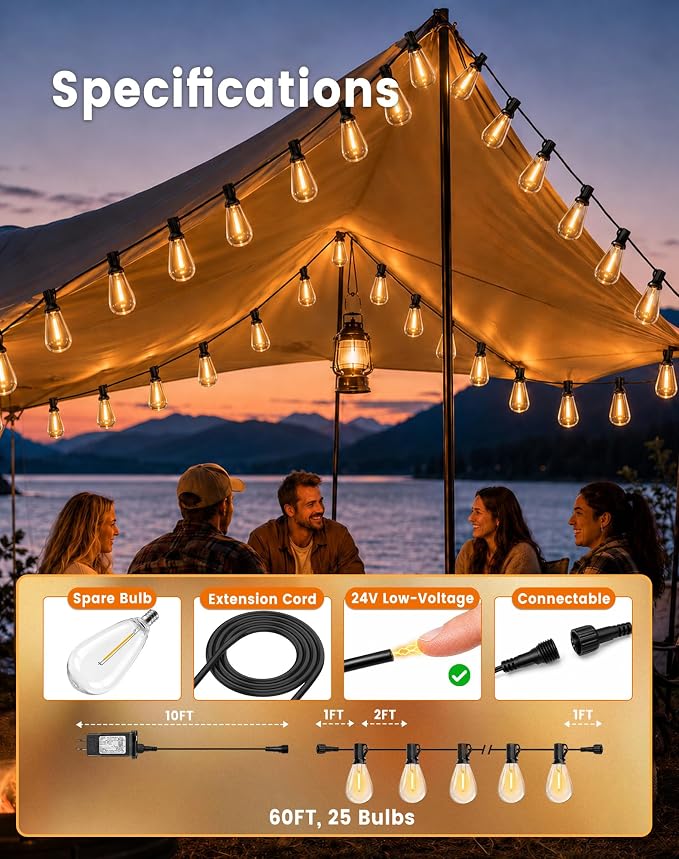 60FT(50+10) Outdoor String Lights, 2FT Spacing 25 LED Edison Bulbs, Waterproof, Shatterproof, Dimmable, Warm White, 3 Modes, Timer, Plug in Hanging Backyard Lights for Outside, Patio