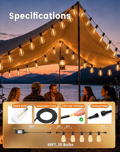 60FT(50+10) Outdoor String Lights, 2FT Spacing 25 LED Edison Bulbs, Waterproof, Shatterproof, Dimmable, Warm White, 3 Modes, Timer, Plug in Hanging Backyard Lights for Outside, Patio