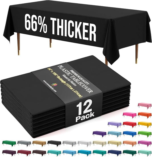 Exquisite 66% Thicker Premium Plastic Table Cloth Rectangle Table Cover 0.5 Mil 12 Pack Black Table Cloth 54 Inch x 108 Inch Disposable Tablecloth Won't Tear Easily Like Cheap Thin Brands