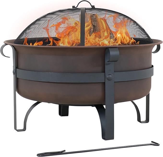 Sunnydaze Cauldron Wood-Burning Outdoor Fire Pit for Patio and Backyard - Round Steel Outside Firepit Bowl with Cover, Removable Ash Pan, Spark Screen, and Poker Tool - Dark Bronze - 29"
