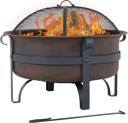 Sunnydaze Cauldron Wood-Burning Outdoor Fire Pit for Patio and Backyard - Round Steel Outside Firepit Bowl with Cover, Removable Ash Pan, Spark Screen, and Poker Tool - Dark Bronze - 29"