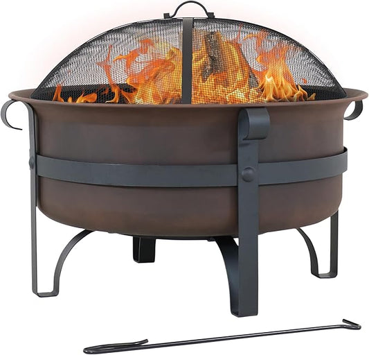 Sunnydaze Cauldron Wood-Burning Outdoor Fire Pit for Patio and Backyard - Round Steel Outside Firepit Bowl with Cover, Removable Ash Pan, Spark Screen, and Poker Tool - Dark Bronze - 29"