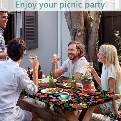 JAWO Mexican Picnic Table Cover Set with Bench Covers Camping Theme Tablecloth Fitted Picnic Table Cover with Elastic Windproof and Waterproof Fabric, Camping Accessories Patio & Outdoor