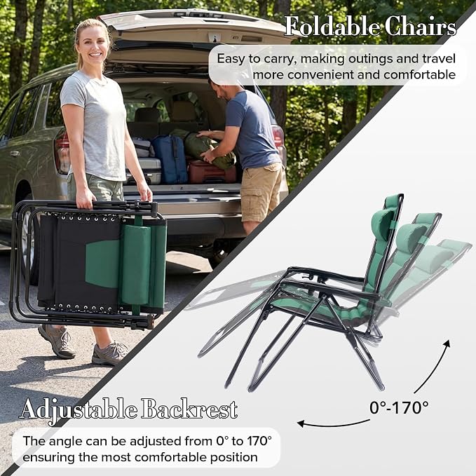 NEWBULIG Padded Zero Gravity Chair, Folding Lounge Chair Outdoor, Green | Foldable Beach Camping Recliner Chair with Adjustable Pillow and Trays for Poolside Lawn Patio