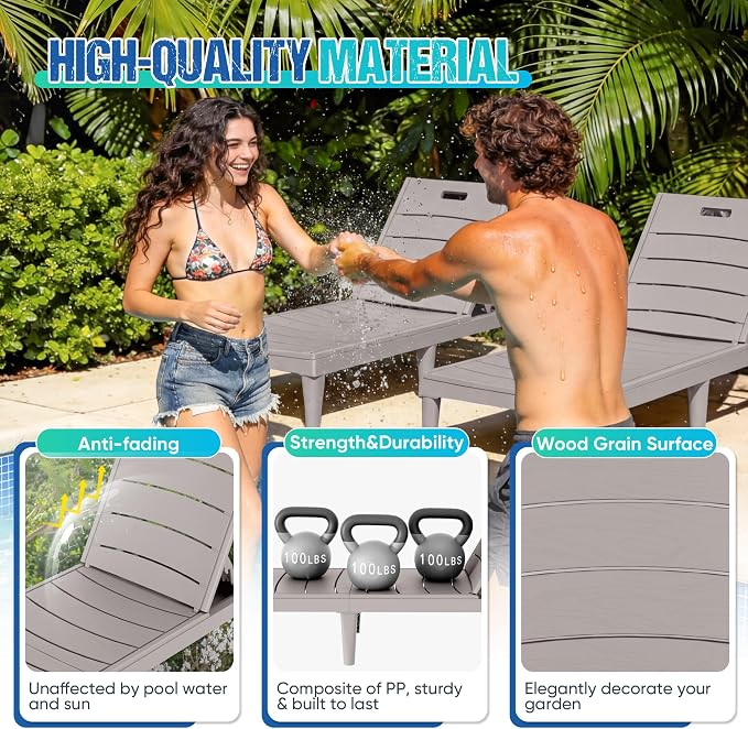 Greesum Outdoor Chaise Lounge Chair Set of 2, Light Coffee | Waterproof 5-Position Adjustable PP Sun Loungers for Patio, Poolside, and Beach Sunbathing