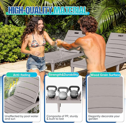 Greesum Outdoor Chaise Lounge Chair Set of 2, Light Coffee | Waterproof 5-Position Adjustable PP Sun Loungers for Patio, Poolside, and Beach Sunbathing