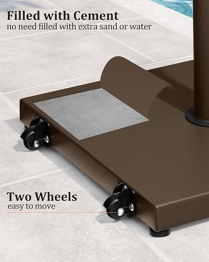 45lbs Patio Umbrella Base with Wheels - Heavy Duty Outdoor Patio Market Umbrella Stand for Deck with Rollers, Poolside, Balcony, Wind-Resistant Design, Brown