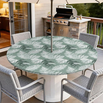 Outdoor Tablecloth with Umbrella Hole and Zipper Fits 49-52" Tables | Waterproof Round Fitted Tablecloth with Elastic Edge, Wipeable Outdoor Table Cover for Patio, Garden, Picnic