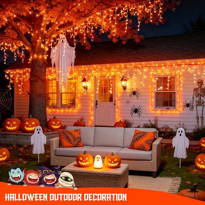 JMEXSUSS Orange Halloween Lights Outdoor, 38.8 FT 400 LED | Connectable Icicle Lights Waterproof, 8 Modes Strings Lights Plug in for Fireplace Patio Fall Halloween Decor