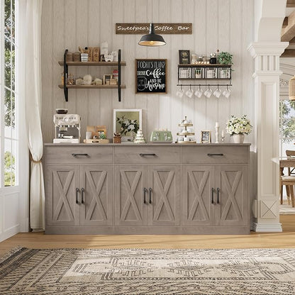 HOSTACK 71" Large Sideboard Buffet Cabinet with Storage, Farmhouse Coffee Bar Cabinet with 3 Drawers, Long Kitchen Buffet Table, Kitchen Sideboard Storage Cabinet for Dining Room, Living Room, Grey