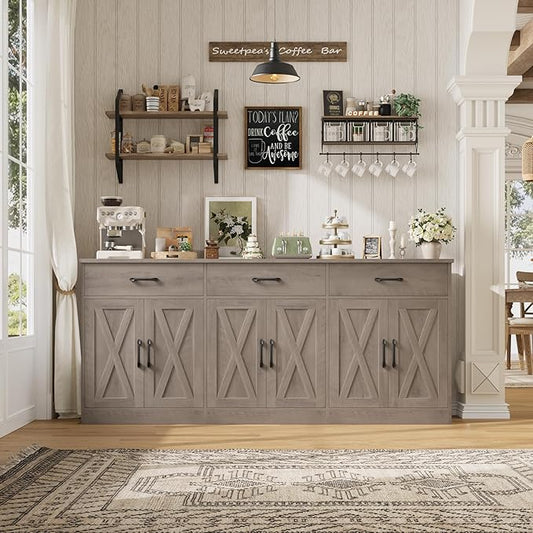 HOSTACK 71" Large Sideboard Buffet Cabinet with Storage, Farmhouse Coffee Bar Cabinet with 3 Drawers, Long Kitchen Buffet Table, Kitchen Sideboard Storage Cabinet for Dining Room, Living Room, Grey