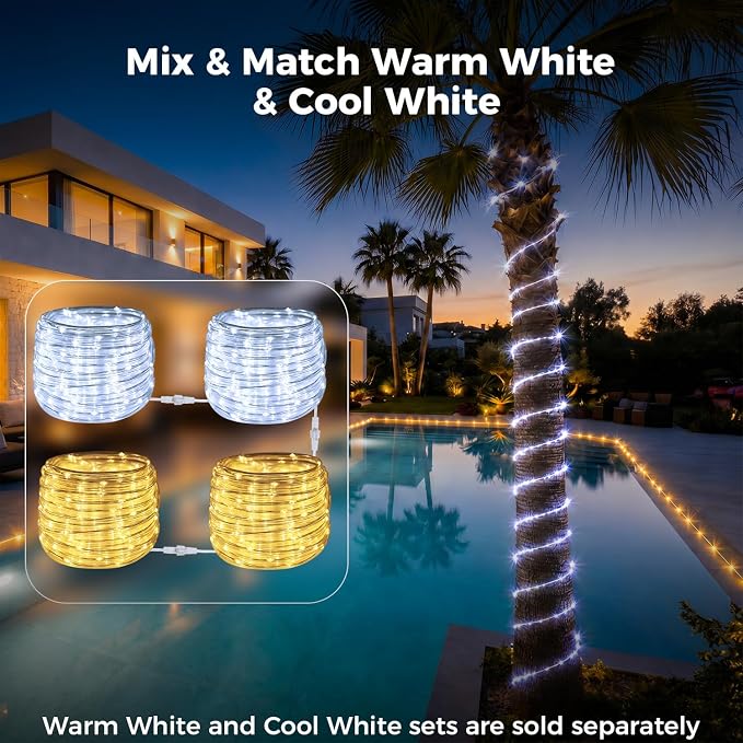 Connectable Solar Rope Lights Outdoor, 66FT 200 LEDs Solar String Lights, IP65 Waterproof 19 Modes Remote Tube Light for Outdoor Indoor Patio Backyards Garden Porch Pool Tree Decor, Warm White