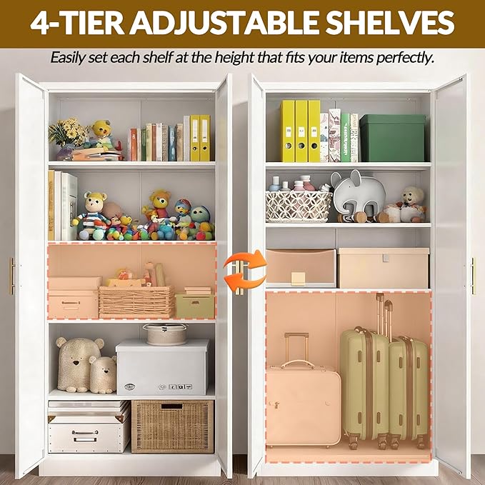 CJF White Kitchen Pantry Cabinet,71 Inch Tall Metal Storage Cabinet with 4 Adjustable Shelves and Doors, Freestanding Pantry Cabinet for Kitchen, Living Room, Dining Room, Bathroom, Easy to Assemble
