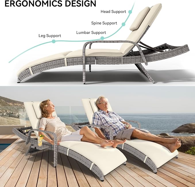 YITAHOME Patio Chaise Lounge Chair Set of 2, Wicker Chaise Lounge Outdoor Rattan Reclining Chair with Armrests/Pull-Out Cup Holder/5-Position Backrest/Cushion & Headrest-Beige