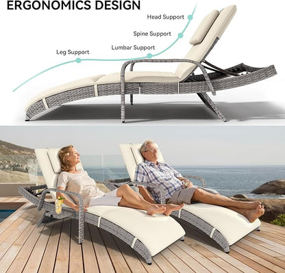 YITAHOME Patio Chaise Lounge Chair Set of 2, Wicker Chaise Lounge Outdoor Rattan Reclining Chair with Armrests/Pull-Out Cup Holder/5-Position Backrest/Cushion & Headrest-Beige