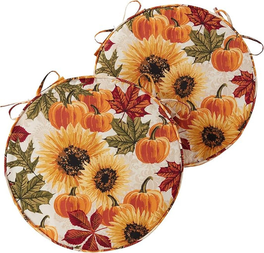 Set of 2 Outdoor 18 inch Round Patio Dining Chair Pads – Comfortable Fiber-Filled Seat Cushions with Ties, Reversible Polyester Fabric - Marisol