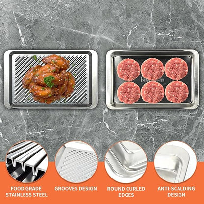 Grilling Prep and Serve Trays, Set of 2 Stackable Stainless Steel BBQ Trays, Deep Marinating Container, Serving Platter for Plating Food, BBQ Prep Tub for Marinating Meats, Grill Accessories