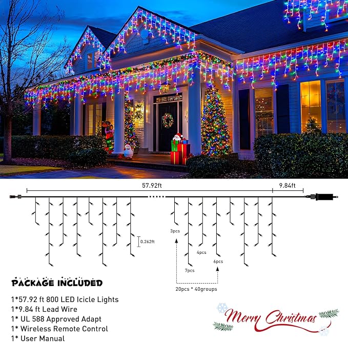 JMEXSUSS 800 LED Christmas Icicle Lights Outdoor Plug in | Multicolor Waterproof, 8 Modes with 160 Drops for House Holiday Party Eave Christmas Decorations
