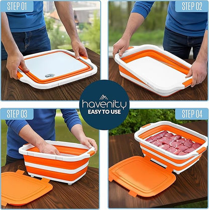 BBQ Prep Tub 16L - Multifunctional Collapsible Camping Cutting Board with Upgraded Locking Lid, Meat Storage Container for Meal Prep, Dish Basin Bowl Perfect for Grilling, Outdoor (XL)