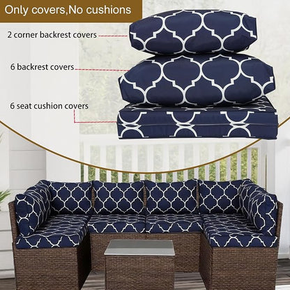 14 Piece Outdoor Patio Cushion Cover Replacement, Waterproof Patio Cushion Covers, Outdoor Furniture Cushion Covers Set for 6 Seat Wicker Rattan Sofa (Blue Grid)
