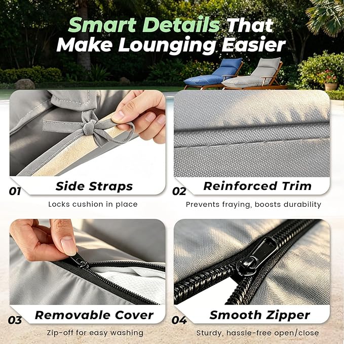 Outdoor Chaise Lounge Chair Cushion, Waterproof Non-Slip Patio Chaise Lounge Cushions for Outdoor Furniture, 72 x 21 x 5 Inches, Grey