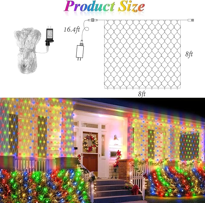 Lovelite 8ft x 8ft Net Lights, 180LED Gazebo Lights Outdoor 8 Modes Timer, Waterproof Connectable Christmas String Lights Clear Wire Plug in for Bushes Patio Pergolas Garden Holiday Party - Mulicolor