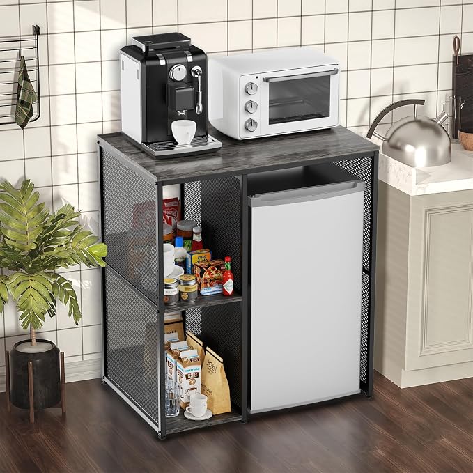 KirKical 3-Tier Slate Rustic Grey Coffee Bar Cabinet with Mini Fridge Space | Heavy-Duty Baker Rack Microwave Stand, Utility Storage Organizer Shelf for Home Kitchen Dorm