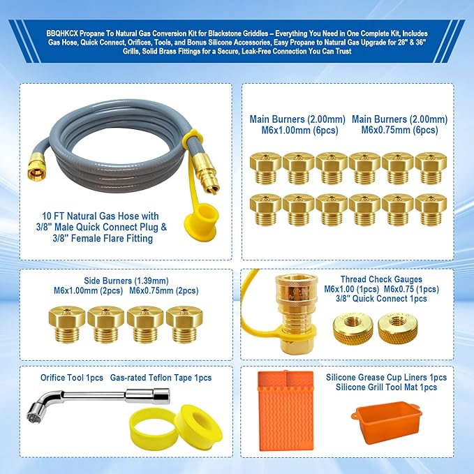 5249 Natural Gas Conversion Kit for Blackstone Grill 28" 36" Griddle, Propane to Natural Gas Conversion Kit w/10ft Natural Gas Hose, Silicone Grill Tool Mat, Grease Cup Liners, 3/8" Quick Connect Etc.