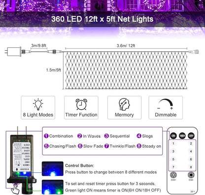 JMEXSUSS 360 LED Halloween Net Lights, Purple, 12ft x 5ft | Outdoor Waterproof, Connectable, Plug in, Mesh Lights with Remote for Bushes Shrubs Christmas Halloween Decorations