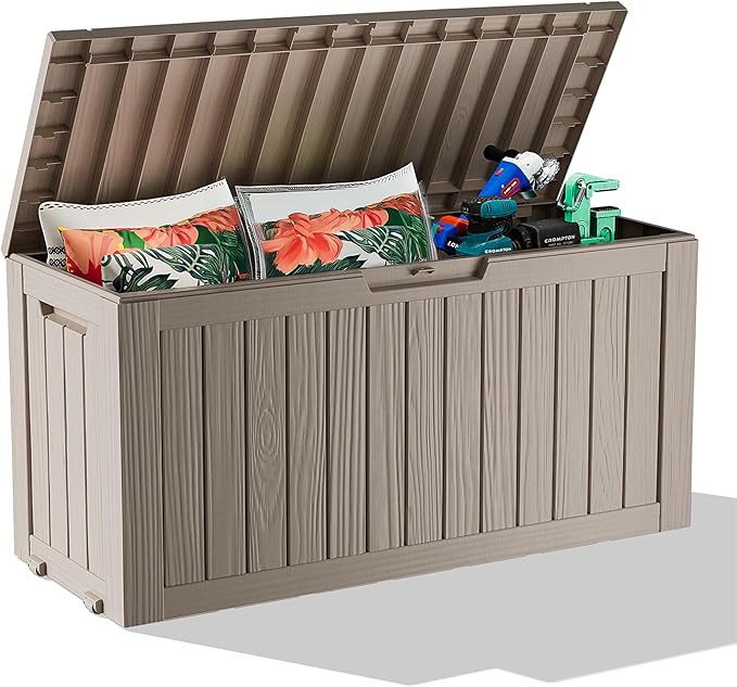 PatioZen 90 Gallon Deck Box Outdoor, Weatherproof Resin Patio Storage Box, Waterproof Outdoor Storage Boxes with Lid Lockable for Cushions, Garden Tools,Grey