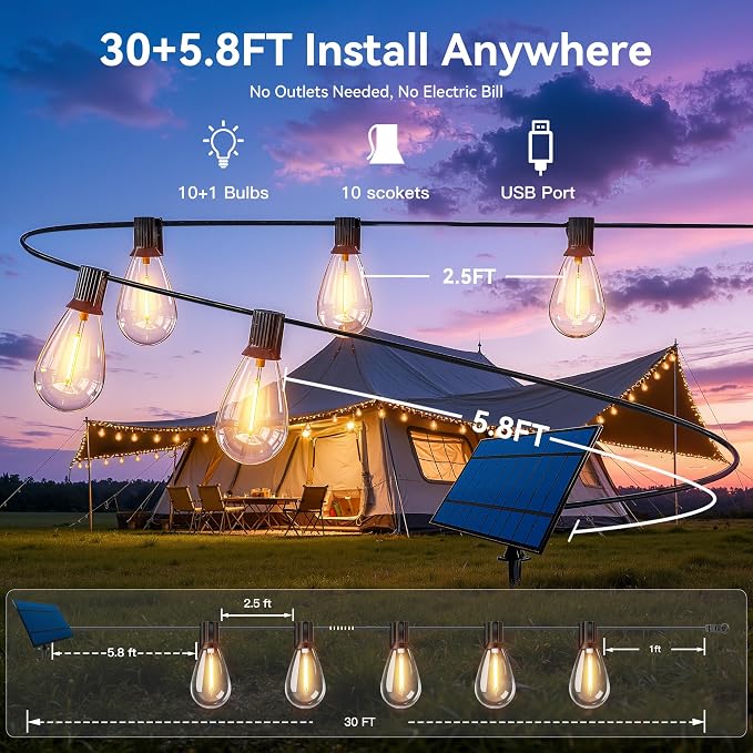 Ollny S11 30FT Solar String Lights Outdoor Waterproof Dimmable for Backyard | Patio Lights with Remote & Timer & 3 Lighting Modes, Shatterproof Edison Bulbs, String Lights for Outside Party Décor
