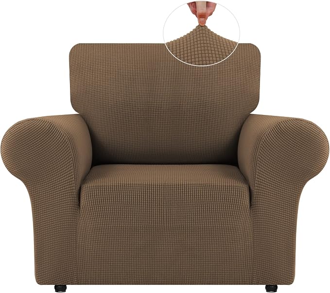 LURKA Stretch Chair Cover for Sofa, 1 Piece Armchair Slipcover, Camel | Soft Stretch Jacquard, Fits 31"-55" Armchairs, Elastic Bottom for Secure Fit, Machine Washable, Pet & Kid Friendly