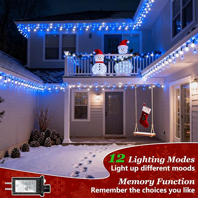 Christmas String Lights Outdoor Green Wire 470FT 1500 LED Blue & White | Dimmable, 12 Light Styles, Memory Timer, Waterproof, 29V Safe Low Voltage, Diamond-Faceted LED, Energy Efficiency