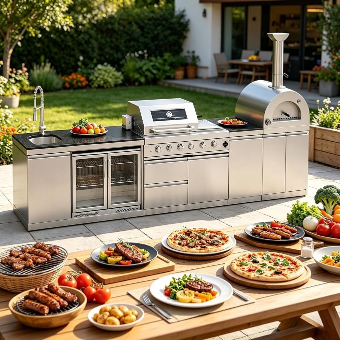 150" Outdoor Kitchen Island,108,000 BTU, Natural Gas BBQ Grill with Pizza Oven,Rotisserie,Double Door Refrigerator,Granite Countertop,Storage Cabinets & Drawers,Stainless Steel Build.