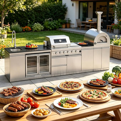 150" Outdoor Kitchen Island,108,000 BTU, Natural Gas BBQ Grill with Pizza Oven,Rotisserie,Double Door Refrigerator,Granite Countertop,Storage Cabinets & Drawers,Stainless Steel Build.