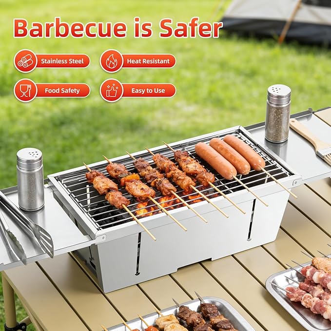 Uten Charcoal Grill, Stainless Steel Folding Portable Grill with Foldable Condiment Plates, Lightweight & Heat Resistant, Smoker BBQ for Camping, Tailgating, Picnics, Beach Barbecues(17.3" x 8.7")