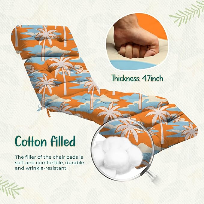 2Pcs Outdoor Chaise Lounge Chair Cushion 75.1 x 22.8 x 4.7 Inches 100% Waterproof Replacement Cotton Patio Pool Lounge Chair Cushion for Outdoor Furniture with Ties, Orange Coconut Tree